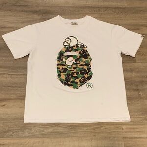 Bape White Tee with Green Camo Ape Graphic